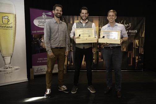 Biersommelier Staatsmeister Felix Schiffner (mi), Vize Michael Kolarik-Leingartner (re), Clemens Kainradl (li)